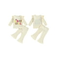 thumbnail image 3 of Aojekbee Little Girls Birthday Outfit Sets Flying Sleeve Letter Embroidery Tops Solid Color Flared Pants Sets, 3 of 10