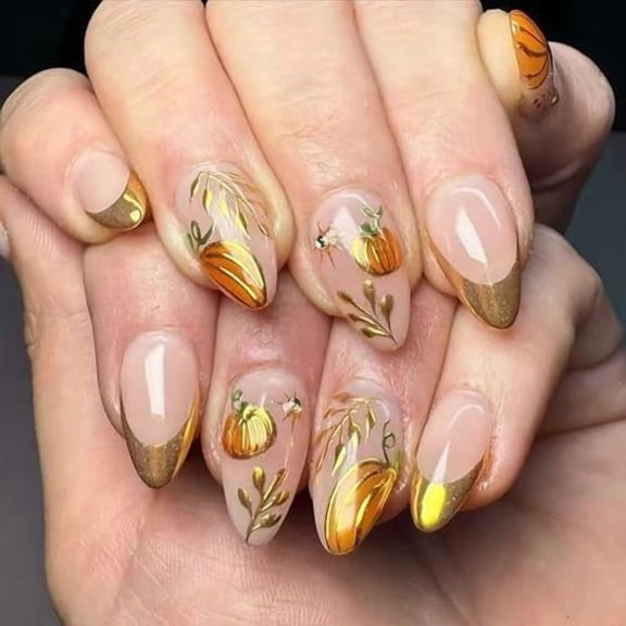 30 count Fall Press  Nails Medium Almond Thanksgiving  Nails Pumpkin Maple Leaf with  Rhinestones Designs Full Cover Autumn Glue  Nails   Tip False Nails for Women  Manicure