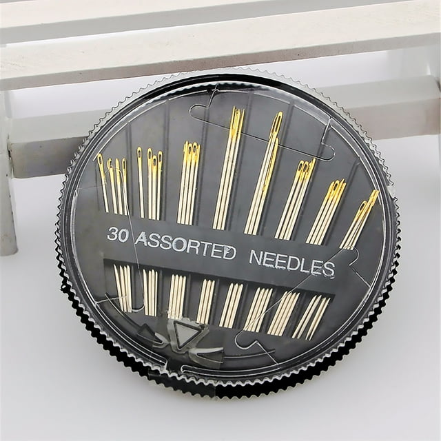 Hand sewing needles plate with 30 assorted steel and nickel-plated needles in a circular dispenser with a clear top. Ideal for arts and crafts projects, including embroidery, mending, quilting, and crafting on materials like leather, denim, silk, and cotton.