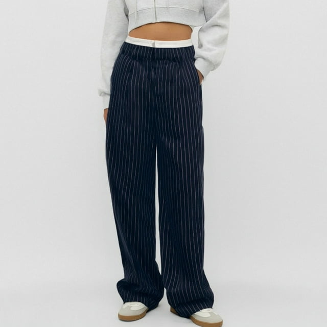 WILLBEST Pantalones Casuales de Verano para Mujer, con Rayas, Cintura Alta, Patchwork, Bolsillos Colgantes, Pierna Recta, Pantalones de Traje Casuales para Mujer Moderna Chica