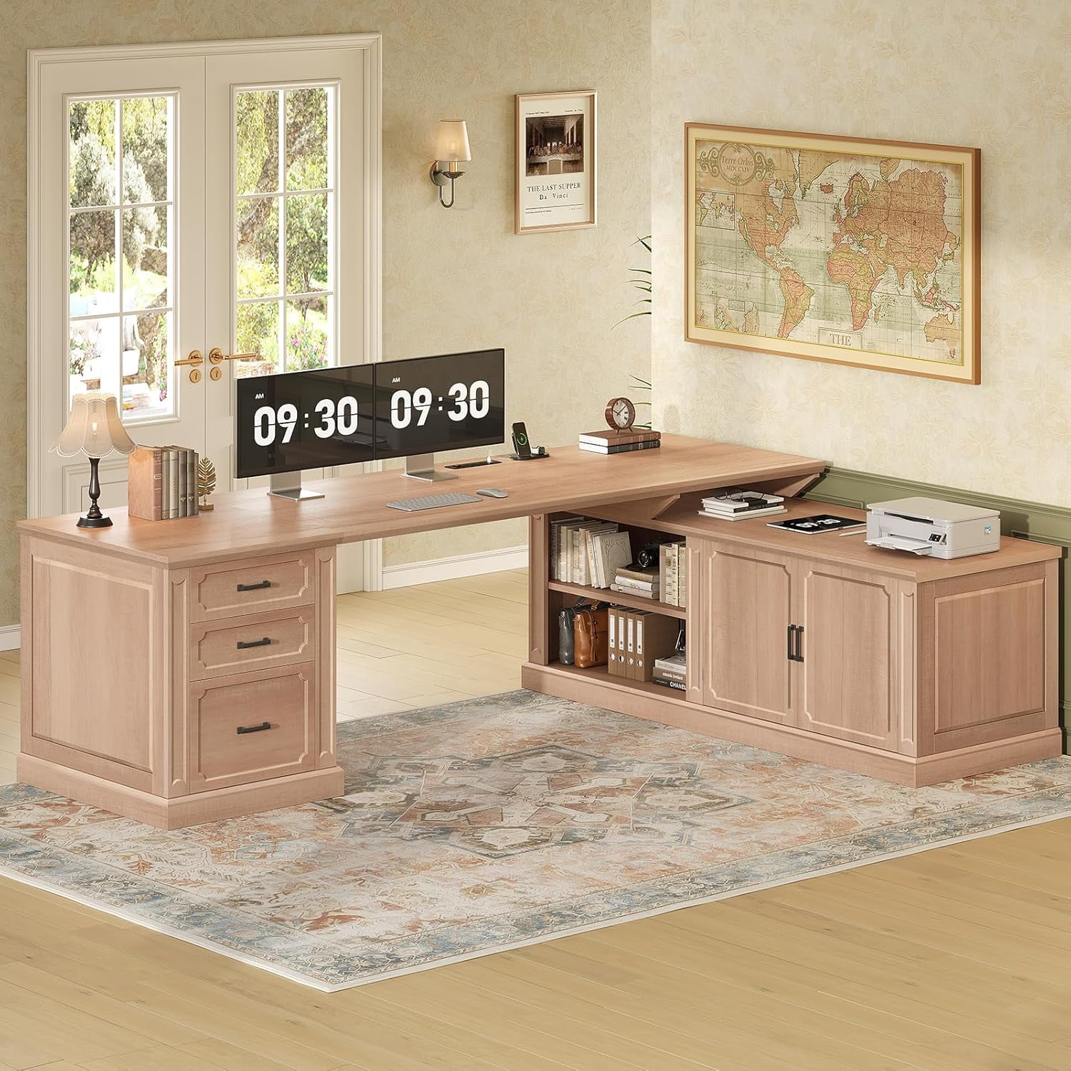 SEDETA Farmhouse L Shaped Desk with Storage, 70.9" Home Office Desk with Storage Cabinet and Storage Shelves, L Shaped Computer Desk with Power Outlet for Bedroom, Office, Oak