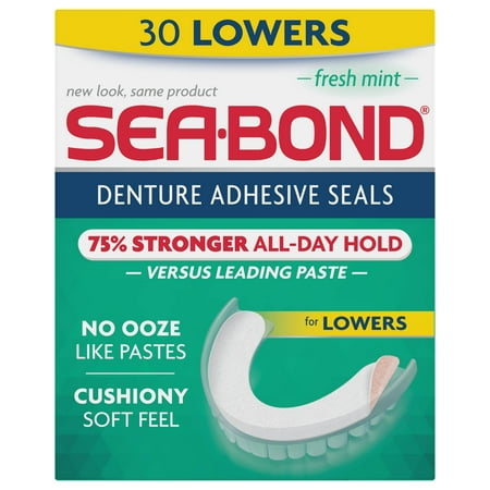 Sea Bond Secure Denture Adhesive Seals, For an All Day Strong Hold, 30 Fresh Mint Flavor Seals for Lower (Best Way To Hold Dentures In Place)