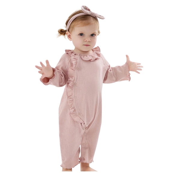 SERTG Baby Girls Ruffle Neck Bodysuit Long Sleeve Jumpsuit Lightweight Cotton Everyday Wear Snap Closure Comfort Fit Infant One-Piece Outfit(Pink,0-3 Months)