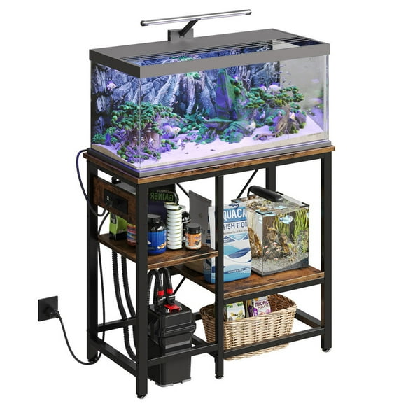 Bestier 20-29-37 Gallon Fish Tank Stand with Power Outlets, 3-Tier Heavy Duty Metal Aquarium Stand Reversible Storage Shelf