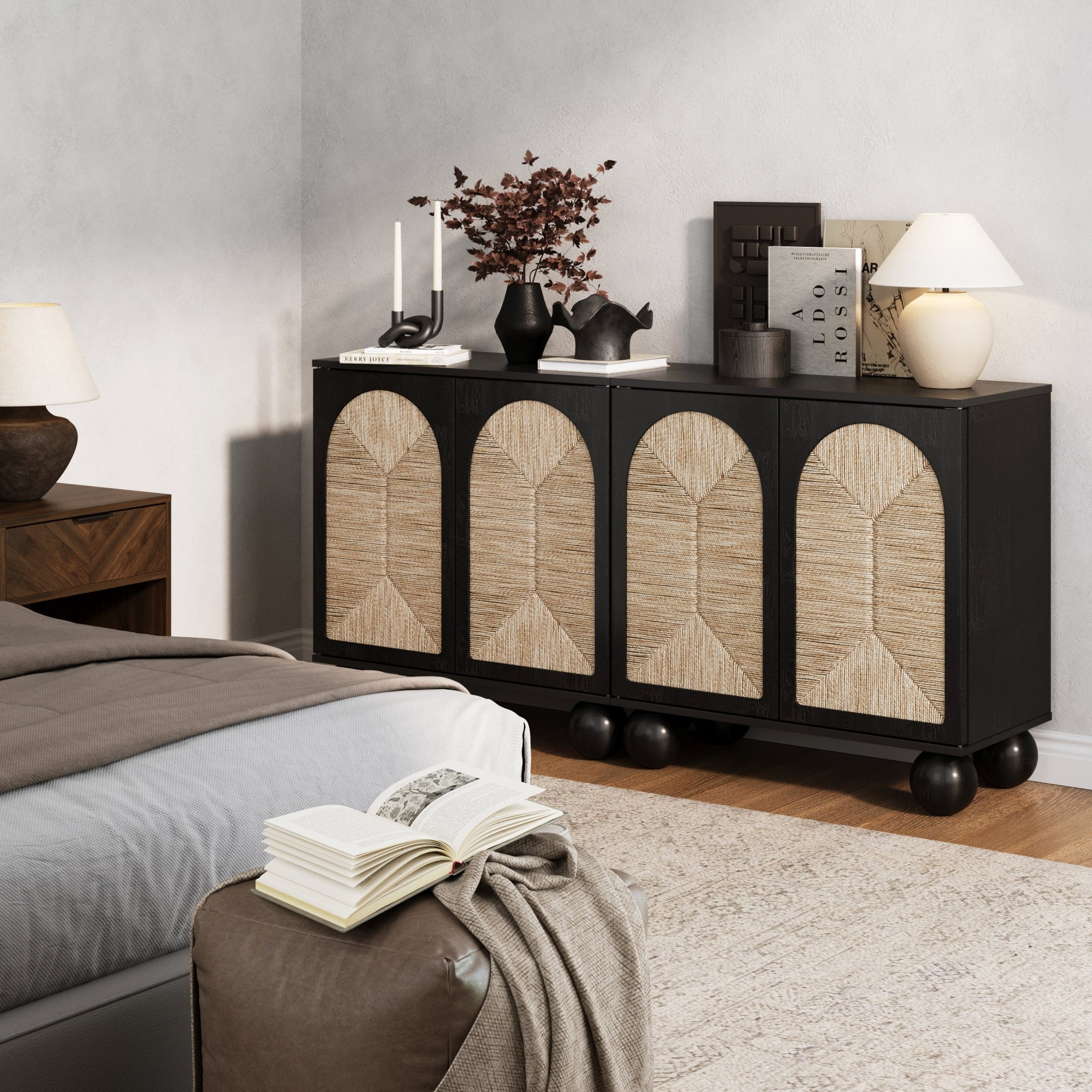 Nathan James Leah Boho Entryway Storage Cabinet or Sideboard Cabinet for Kitchen or Living Room with Ball-Style Feet, Natural Seagrass Door Fronts and Solid Wood Legs, Black