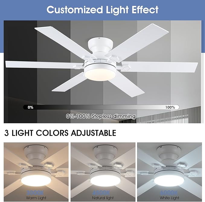 YIOSI 52" White Ceiling Fan with LED Lights, Remote/App Control, Quiet DC Motor, Energy Efficient