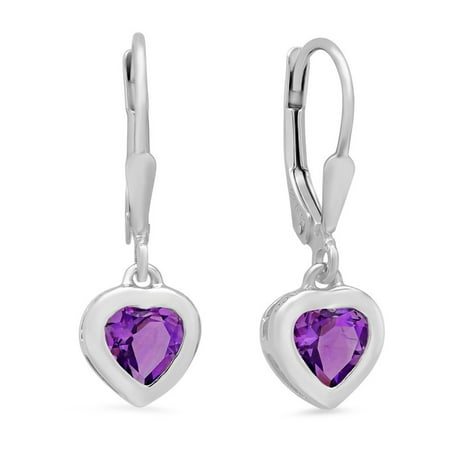 February Birthstone Lever Back Earrings - Sterling Silver Amethyst Heart Lever-Back Earrings