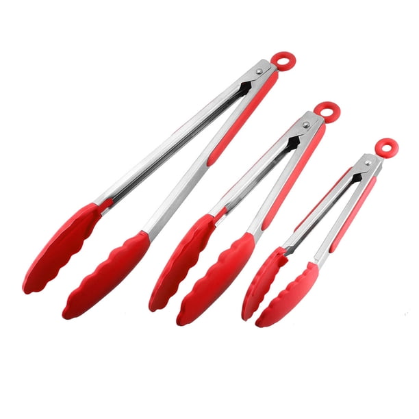 Pinzas de Cocina de Acero Inoxidable con Cierre, Juego de 3 de 7 pulgadas, 9 pulgadas y 12 pulgadas para Cocinar, Asar y Barbacoa en Rojo