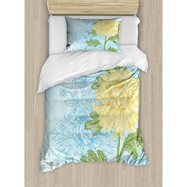 Flower Duvet Cover Set Twin Size Yellow Flower Chrysanthemum On A