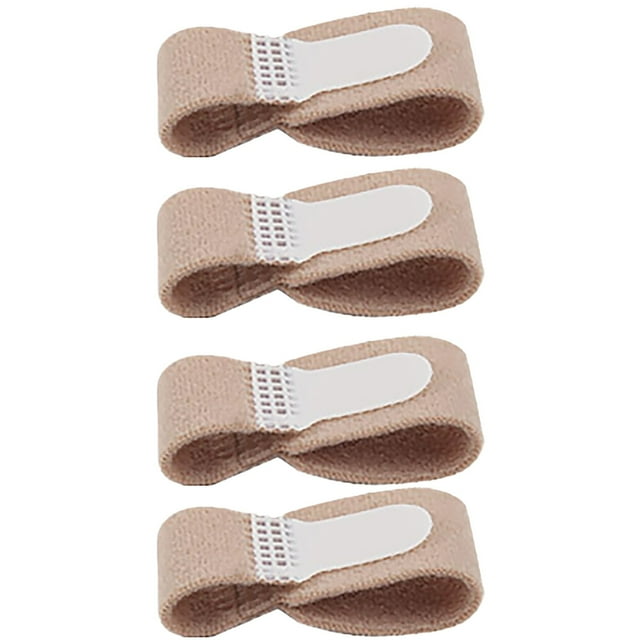 WIFKLSIIPG Broken Toe Wraps Cushioned Bandages Hammer Toe Separator Splints Toe Cushion, a set of 4 pieces. These beige nylon wraps feature a soft cushioned design with a white separator to gently realign and support overlapping or crooked toes. Reusable and washable, they are suitable for addressing common foot issues like hammer toes, mallets, and bent toes. Each wrap measures approximately 6.2 x 1.5 cm (small size).