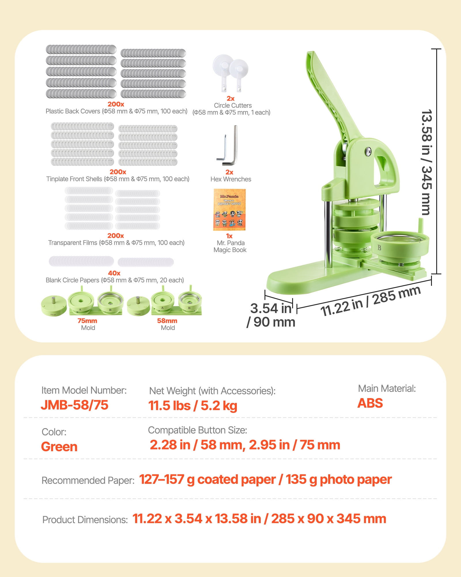 VEVOR Button Maker Machine, 2.28/2.95 inch 2-in-1, Plastic Pin Maker with 200 pcs Button Parts, Circle Cutter and Magic Book, Reinforced Ergonomic Handle, for DIY Badges, Personalized Pins, Green
