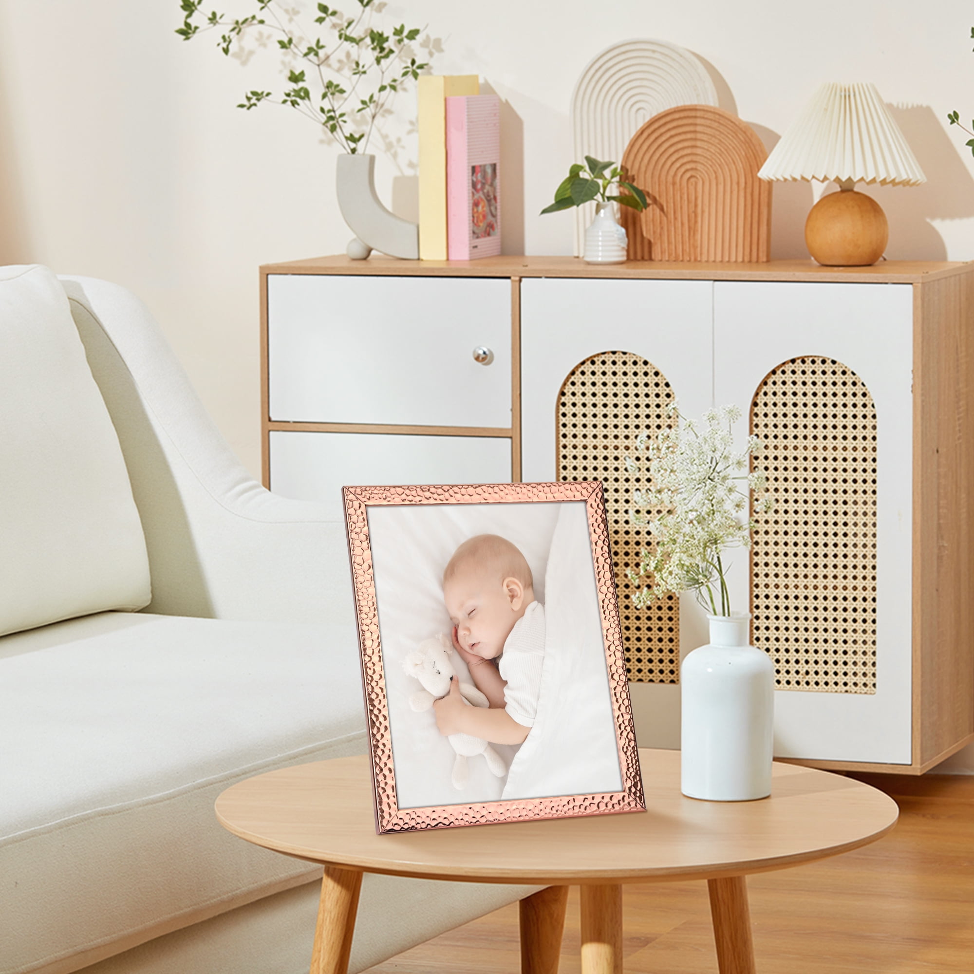 Unique Bargains Gloss Metal Picture Frames for Photo Home Tabletop Rose Gold 8x10"