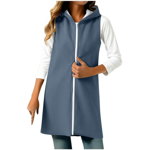 UAMVSH Long Vest for Women Side Split Sleeveless Hooded Jacket Dressy Casual Zip Up Outwear Coats Trendy Fall Clothes
