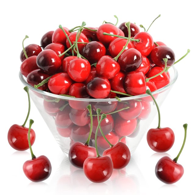 cerezas artificiales sincero 100 piezas 50 cerezas rojas y 50 cerezas rojas y negras — copa de vidrio con 100 cerezas artificiales de espuma (≈1 pulg./2.5 cm) en tonos rojo y rojo‑negro con tallos plásticos verdes; vista frontal 3/4 sobre fondo blanco, algunas sueltas en primer plano; adecuadas como decoración de mesa, frutero o utilería de fotografía.