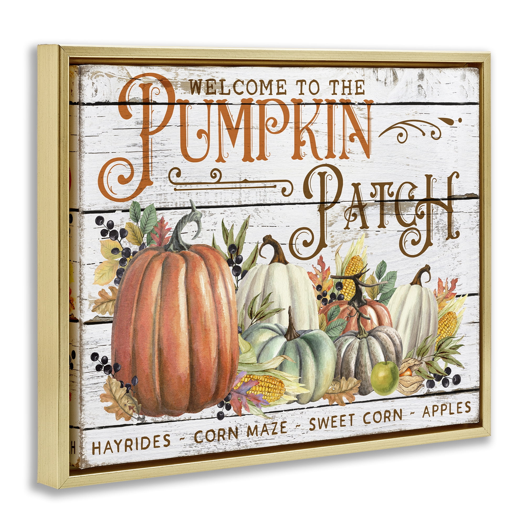 Stupell Industries Welcome Pumpkin Patch Holiday Painting Gold Floater Framed Canvas Art Prints Wall Art, 21 x 17