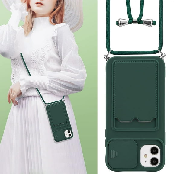 Crossbody Case for iPhone 11 6.1 inch with Camera Cover, Silicone Card Holder Phone Cover with Adjustable Necklace Strap Cord Lanyard Shockproof Protective Case - Dark Green