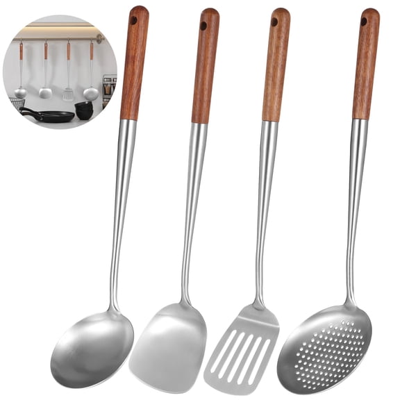 4 Pcs Stainless Steel Wok Utensil Set, Wooden Handle Cooking Utensils Includes Spatula Ladle Skimmer Slotted Spatula for Wok Kitchen Kitchen Essentials