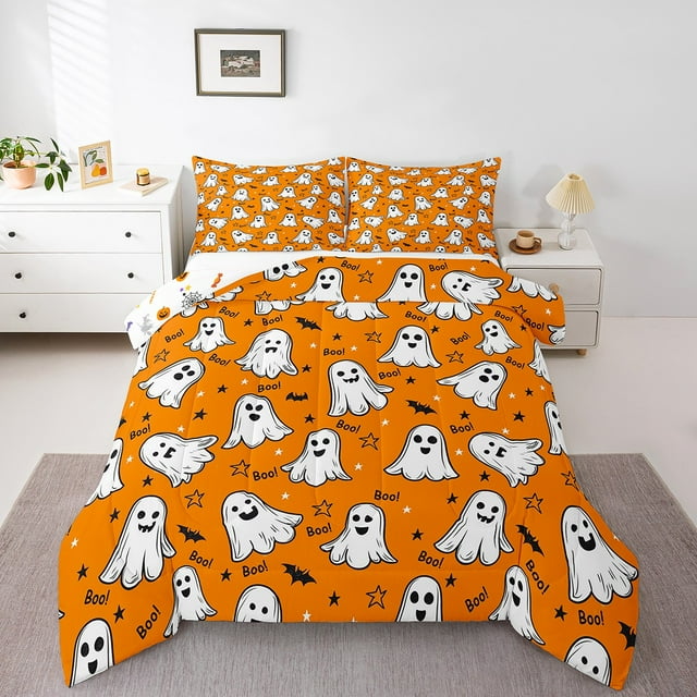 YST Ensemble de Douillette Cartoon Spooks Simple, Literie d'Halloween Orange pour Enfants Garçons Filles, Ensembles de Literie Réversibles Happy Halloween, Couette Vintage Chauve-Souris avec 1 Taie d'Oreiller Déco de Chambre