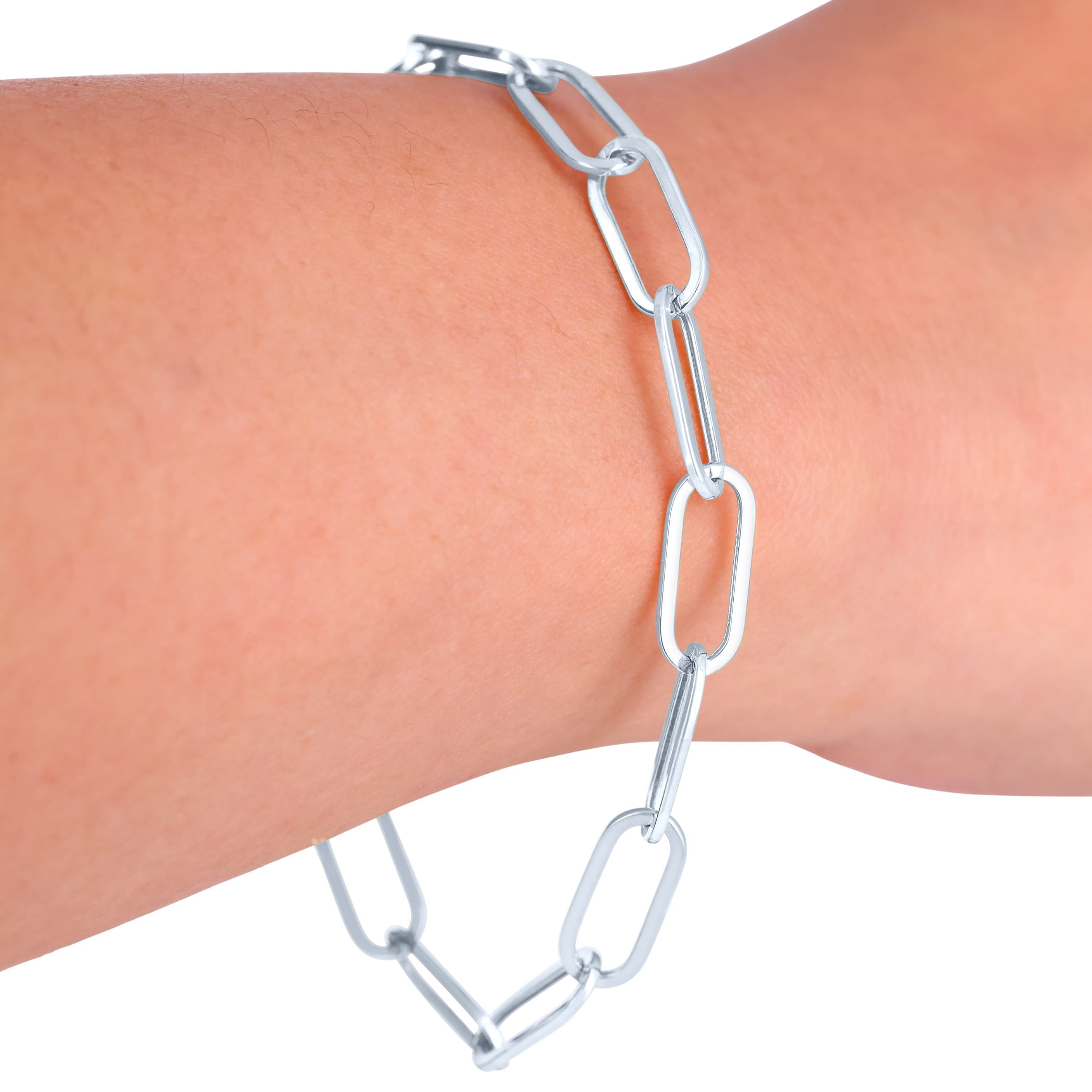 Nuragold 10k Real White Gold Paperclip 6mm Elongated Cable Link Bracelet (7"-8") Italian Jewelry for Men & Women
