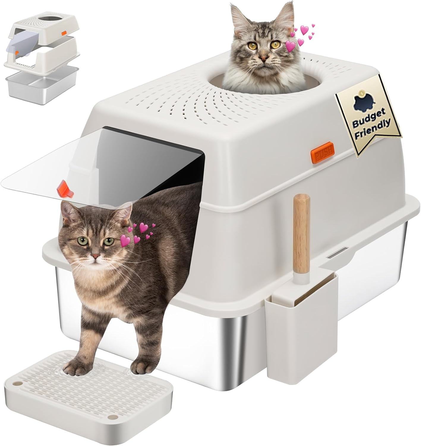 Stainless Steel Litter Box with Lid, SUS304 Metal Cat Litter