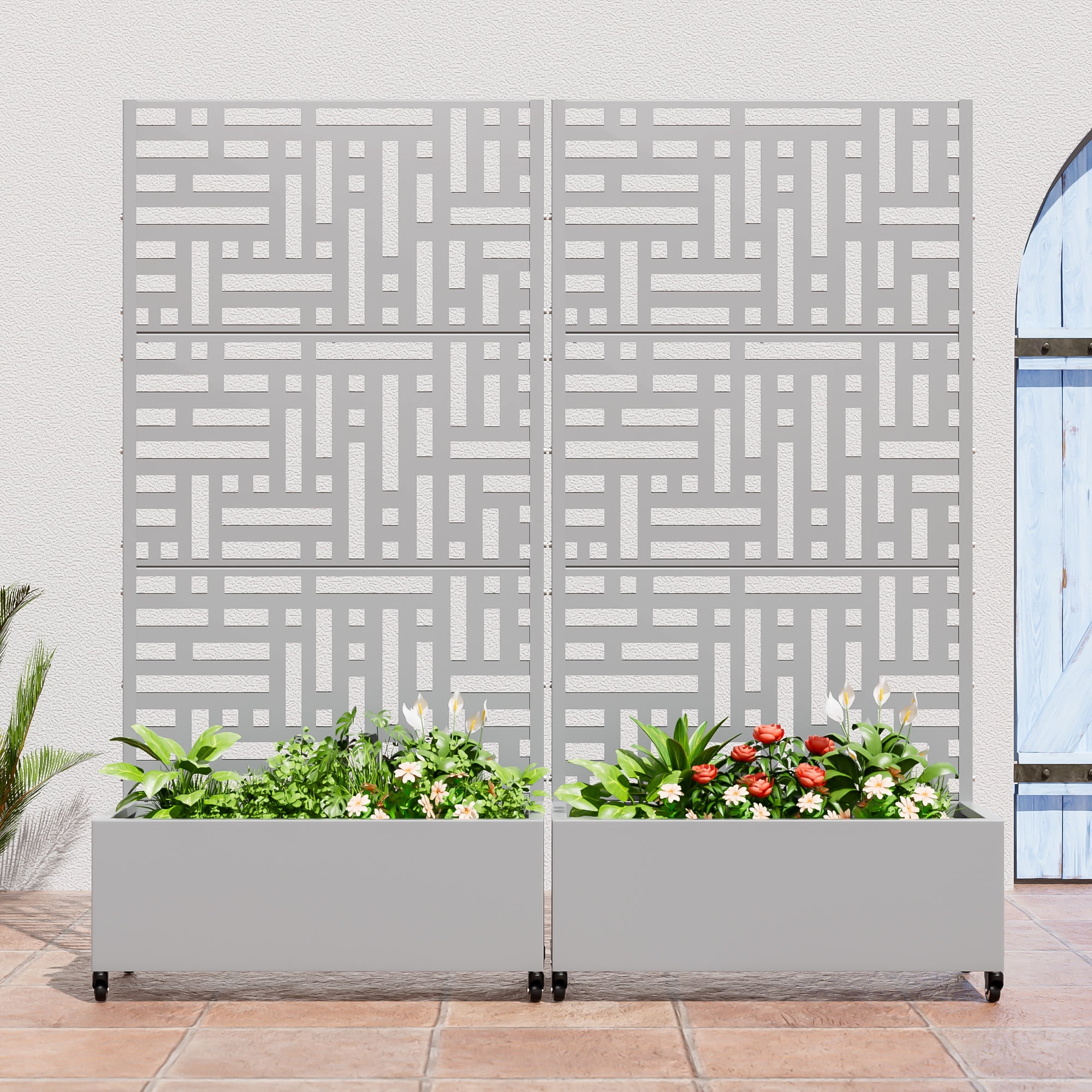 MAYEERTY 72.0"×35.4"×15.7" Gray Iron Planter Box with Trellis - Street-Inspired Design, Sturdy for Climbing Vines