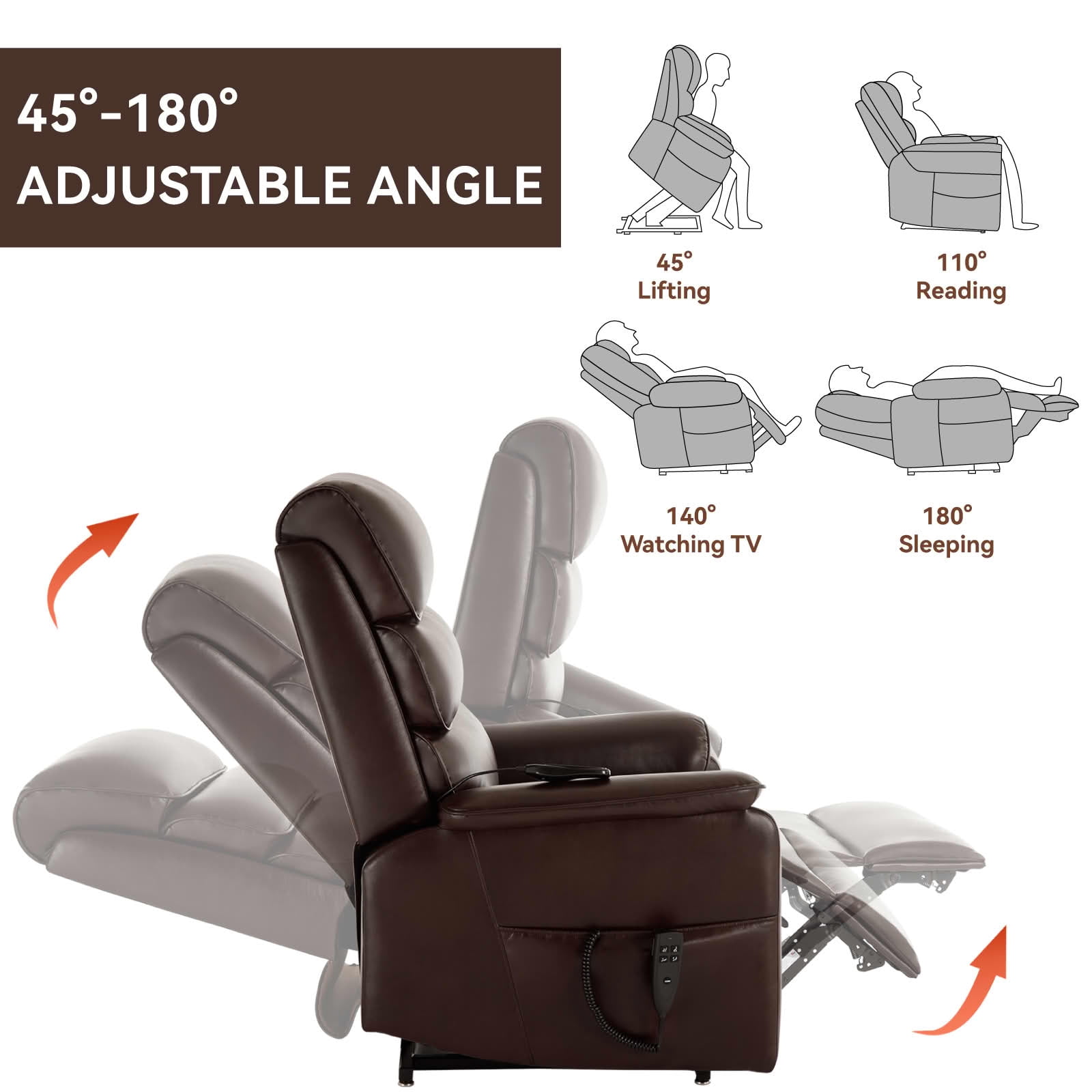 MAYEERTY Brown Dual Motor Power Lift Recliner, 350lbs 180° Infinite Position Heat Massage Chair with Remote Heavy Duty for Home