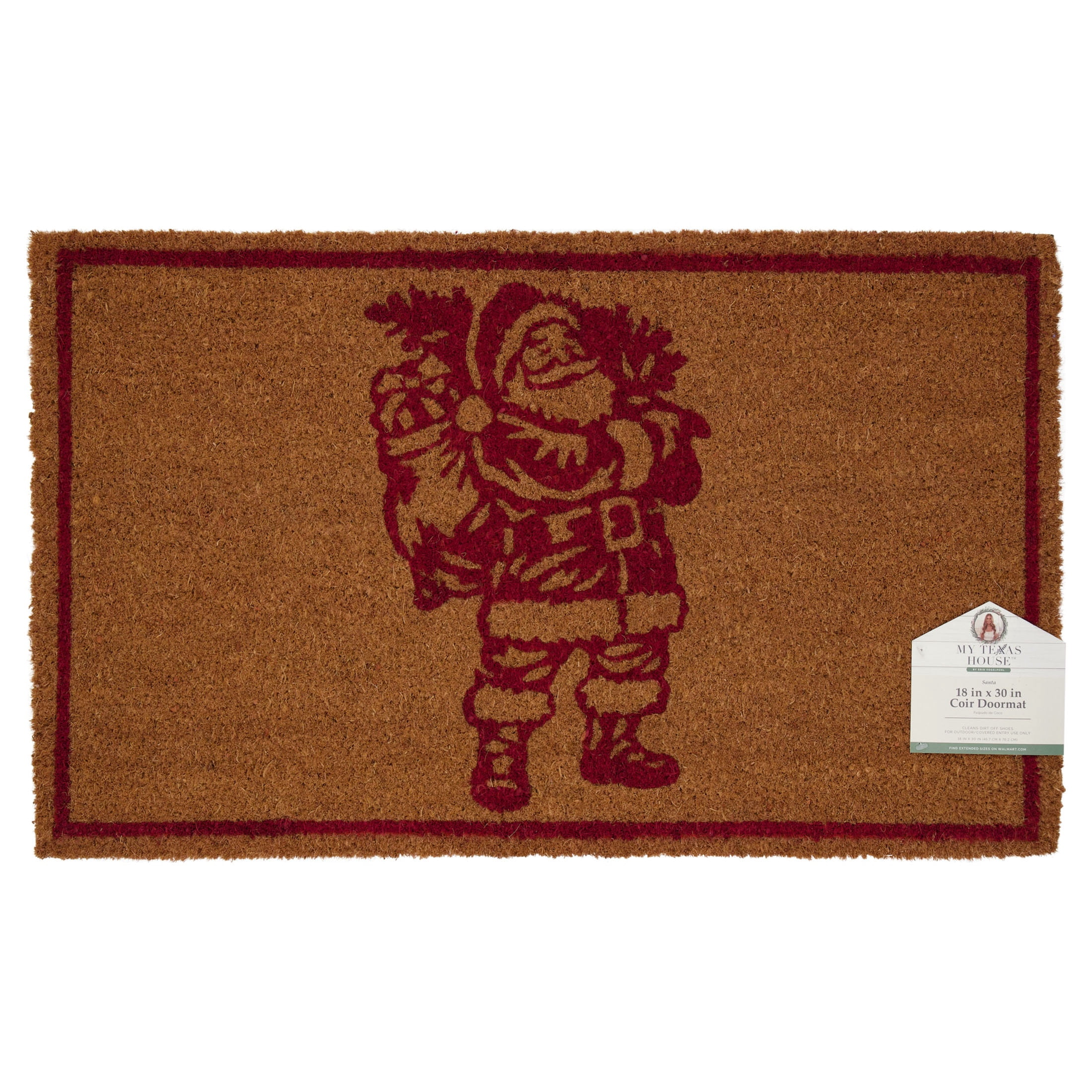 My Texas House Natural and Red Santa Outdoor Coir Christmas Doormat, 18" x 30"