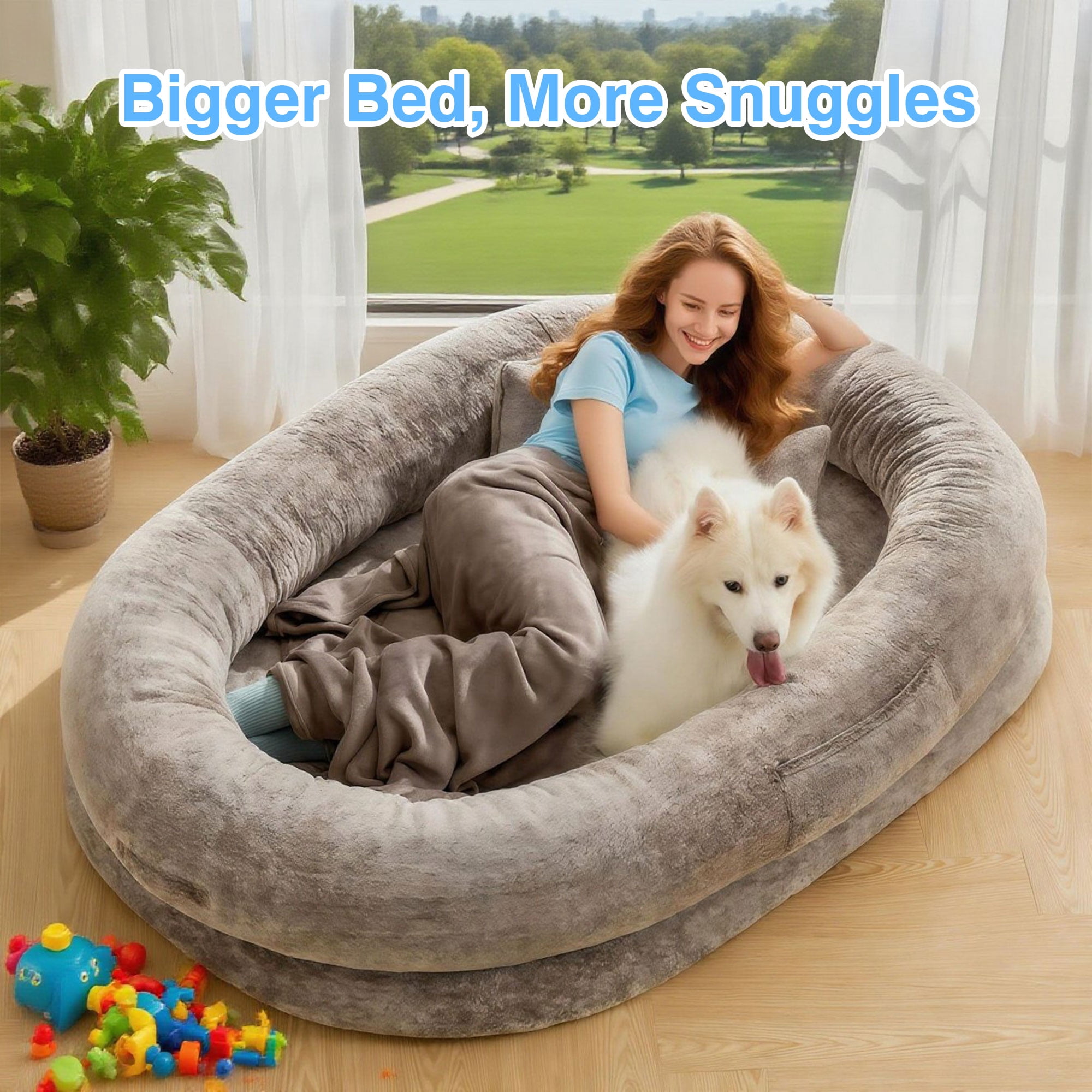 Extra Large Human Dog Bed for Adults & Pets, Faux Fur Orthopedic Lounger with Pillow & Blanket, Washable Nap Bed, Perfect Gift for Pet Lovers (68'' x 35'' x 14'')