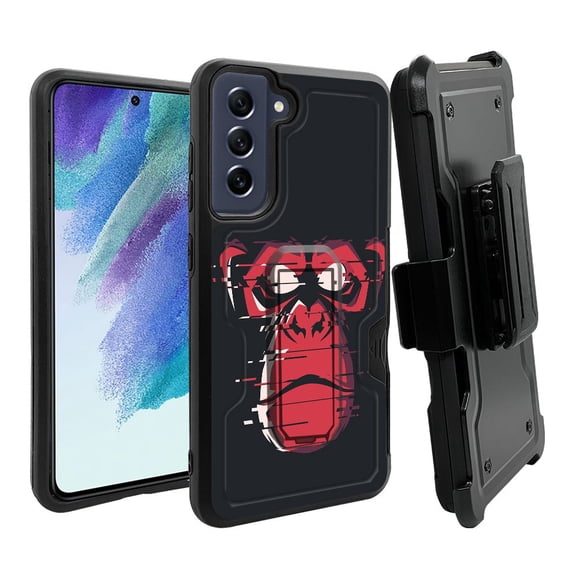 ANJ  Rugged Dual Layer Hybrid Holster Kickstand Case w/ Card Slot   Tempered Glass Cover for Samsung Galaxy S21 FE 5G - Red Monkey Face