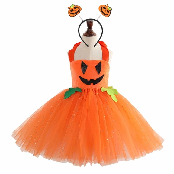 MEZZALL Sleeveless Halloween Pumpkin Swing Dress With Headband Girls Festive Party Wear Ready Petticoat Skater Style Girls Dress Lovely Dresses