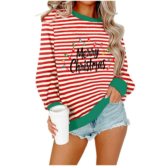 Women's Christmas Sweatshirt Striped Long Sleeve Crewneck Letter Printed Pullover Tops Green 2XL