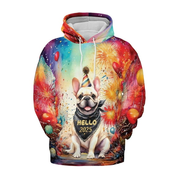 Hello 2025 French Bulldog Celebrates Happy New Year Firework Balloon All Over Print 3D Hoodie Unisex Merch Hoodies Dog Lover Gifts - 02024