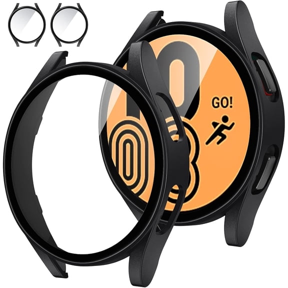 2‑Pack Glossy Black Hard PC Bumper Case with Built‑in Tempered Glass for Galaxy Watch 5 / Watch 4 40mm, Full‑Face Anti‑Scratch Watch Protector