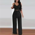 thumbnail image 3 of Virmaxy Womens Stylish Outfit 2 Piece Set Solid Color Two-Piece Cotton and Linen Pleated Halter Top Wide-Legged Pants Fashion Casual Suit Black M, 3 of 8
