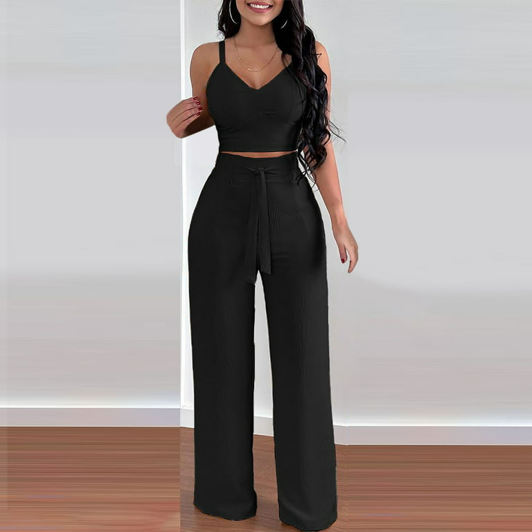 Summer Outfits for Women Dressy Casual Smocked Crop Tank Tops with Wide Leg  Pants Suits Two Piece Solid Formal Sets (Small, Black)