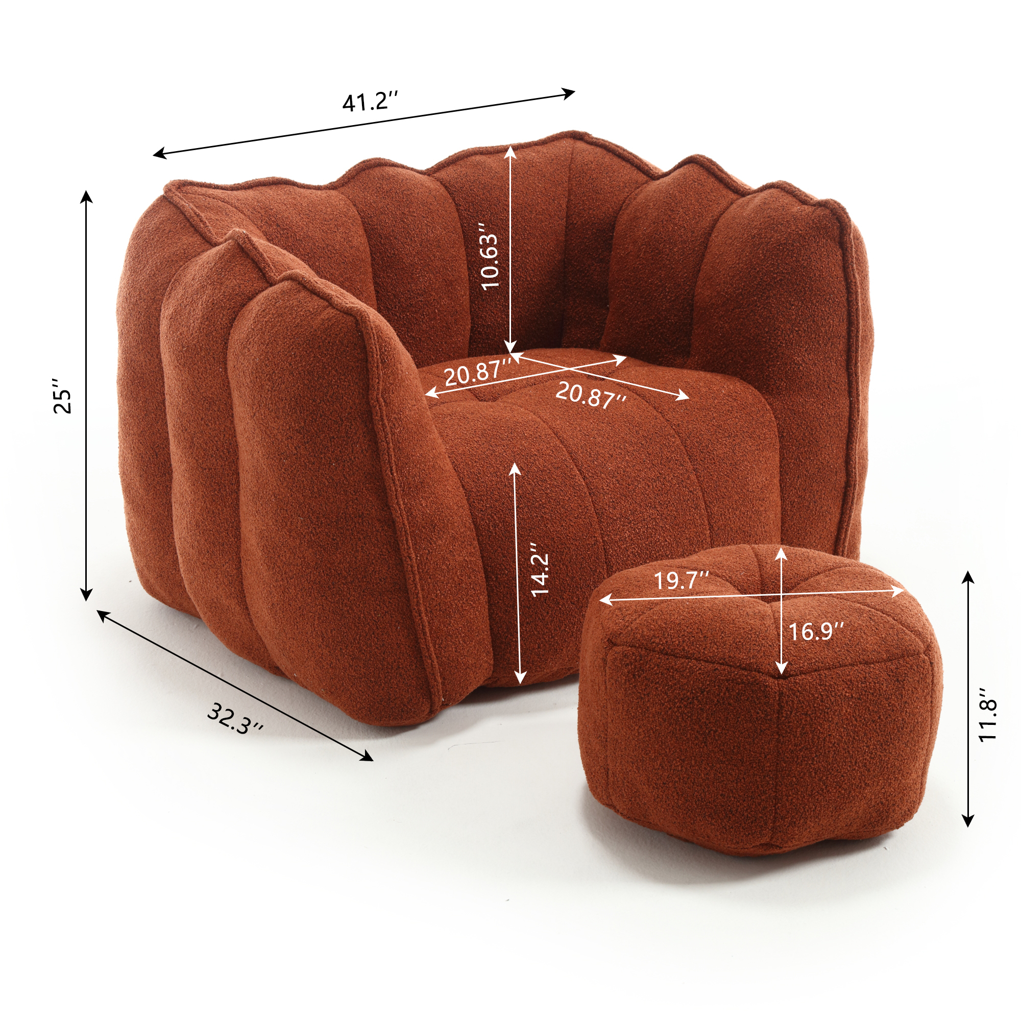 Leumius Soft Bean Bag Chair with High Resilient Foam(Chips)for Living Room and Bedroom,Comfortable Square Lazy Sofa with Footstool for Adults to Gaming, Reading and Watching TV Red+Brown