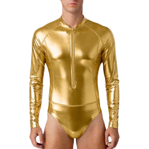 Hansber Adult Men's Metallic Bodysuit Gymnastics Rompers Dance Leotard Zipper Front One-piece Jumpsuit Gold XXL
