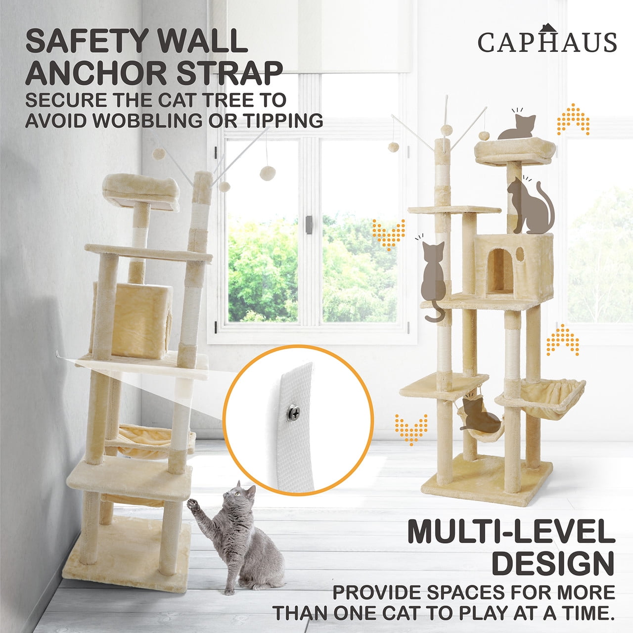 CAPHAUS Tall Cat Tree for Indoor Cats, Modern Cute 70-Inch Cat Climbing Play Tower with Top Perch for Large Cats Kittens, Multi-Level Cat Activity Tree w Scratching Posts, Hammock, Cat Cave Condo