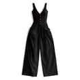 thumbnail image 5 of TEAJOPSUU Women's Trendy Jumpsuits Slim Fit Sleeveless Deep V Neck Button Down Baggy Wide Leg Pleated Jumpsuit with Pockets Casual Loose Fit Rompers Black, 5 of 7