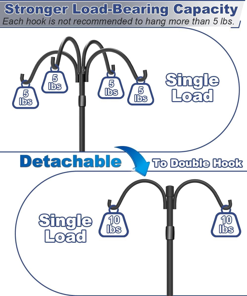 Upgrade 4-Hook Shepherds Hooks for Outdoor with Plastic Tube, 92" Heavy Duty Bird Feeder Pole with 5 Prongs Base, Adjustable Garden Hook for Solar Light, Hanging Plant, Wedding Decor, 2 Pack