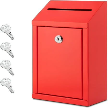 ZHZFKQ 2026 New Metal Donation Box with Lock,Wall Mounted,Suggestion Box with 4 Iron Keys,Red,Cash Drop Box with Slot,1-Pack