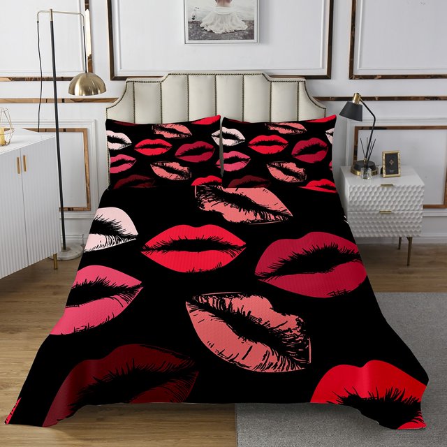 Erosebridal Ensemble de Couvre-Lit Imprimé Lèvres Rouges Jumeau, Ensembles de Couvre-Lits Romantiques Taille Jumeau, Ensemble de Literie pour Couple Amoureux, Décoration de Chambre en Microfibre, 2 Pcs