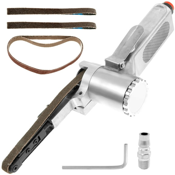 AEVXKHI Mini Air Belt Sander with 5 Belts, Mini Handheld Angle Grinder, Industrial Pneumatic Tool Handheld Mini Belt Sander, for Wood Metal Sanding Grinding Silver