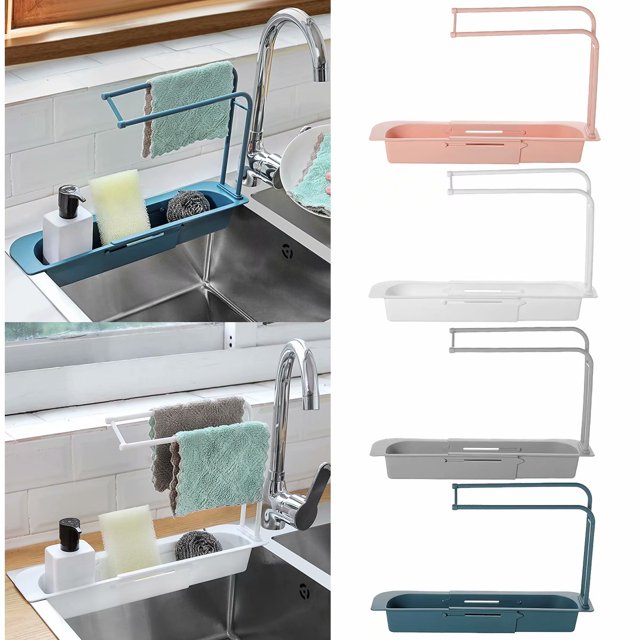 Escurridor telescópico para fregadero de cocina, cesta de almacenamiento, bolsa para grifo, soporte ajustable, soporte para fregadero de baño, accesorio de cocina (gris)
