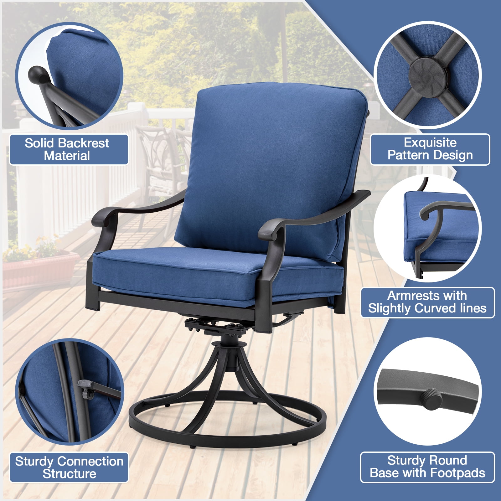 MELLCOM Patio Swivel Chair Set of 2, Heavy Duty Outdoor Dining Chairs with Thickened Cushions, Metal Patio Chairs Gentle Rocker for Outside, Garden Lawn & Porch, Backyard, Blue