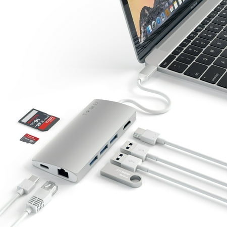Macbook Ethernet + Usb Hub Satechi Aluminum Multi-Port Adapter V2-4K HDMI (30Hz), Gigabit Ethernet, USB-C Pass-Through, SD/Micro Card Readers, USB 3.0 Ports for 2016/2017 MacBook Pro, 2015/2016/2017 MacBook and more (Silver) ()