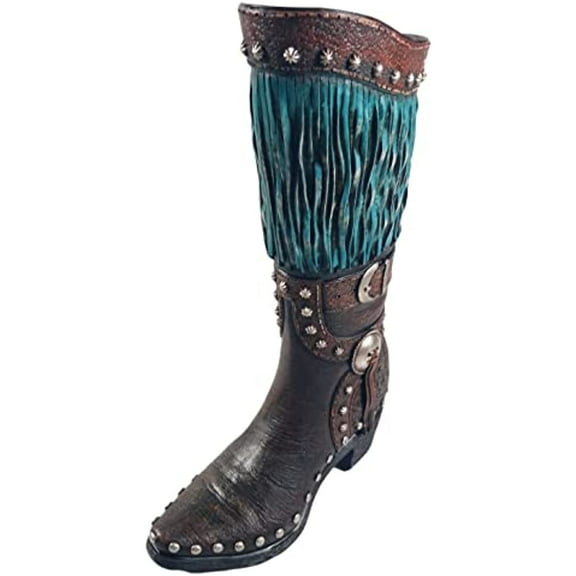 Urbalabs Western Teal Brown Cowboy Boot Vase 13 Inch Brown Teal Tassel Cowboy Boot Flower Vase Decorative Cowboy Boots Vases Home Office Rustic Decor Country Living Wedding Centerpiece