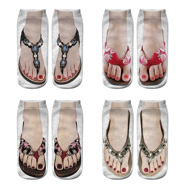 4 Pares Calcetines Navideños, Divertidos Chanclas Calcetines Con Estampado De Manicura Calcetines Con Patrón 3D Calcetines Estampados Con Sandalias Calcetines De Tobillo De Corte