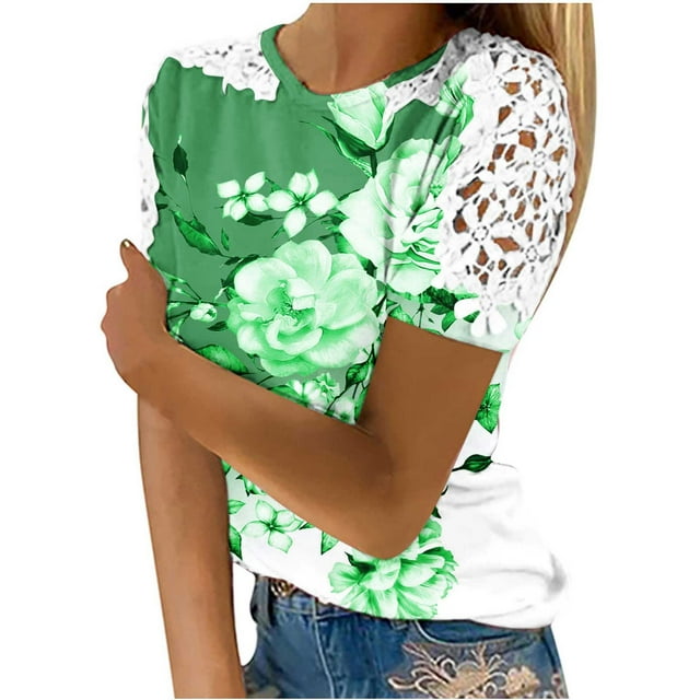 Camisas de Manga Corta para las Mujeres Impresión Cuello Redondo Suéter Encaje Camisa, Blusa de Verano Casual para las Mujeres