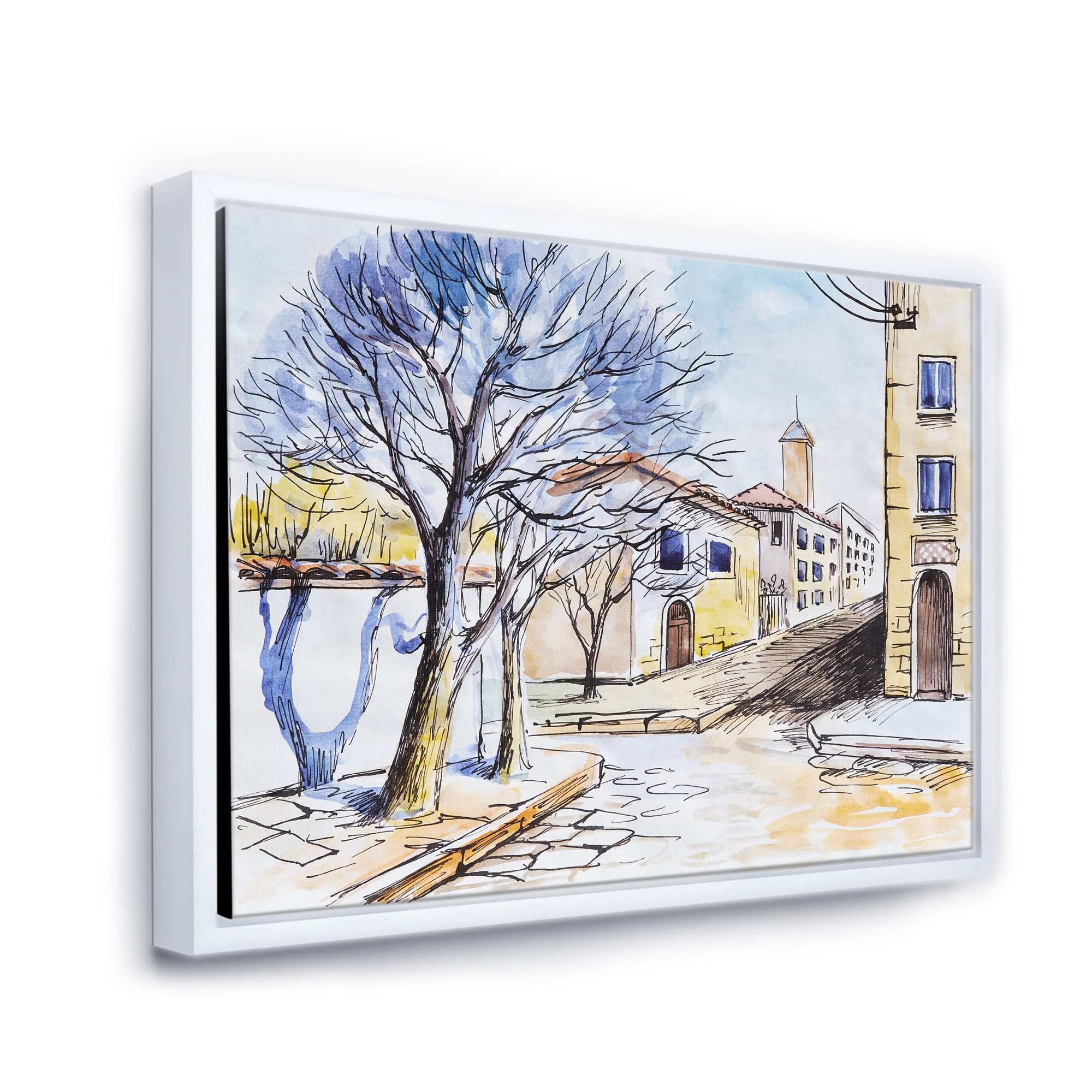 Designart 'Vintage White House In Summer VIllage' Traditional Framed Canvas Wall Art Print